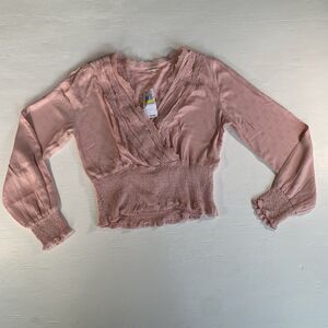 NWT Self E Surplice-Neck Long-Sleeve Clip Dot Smocked Top Salmon Pink Sz M